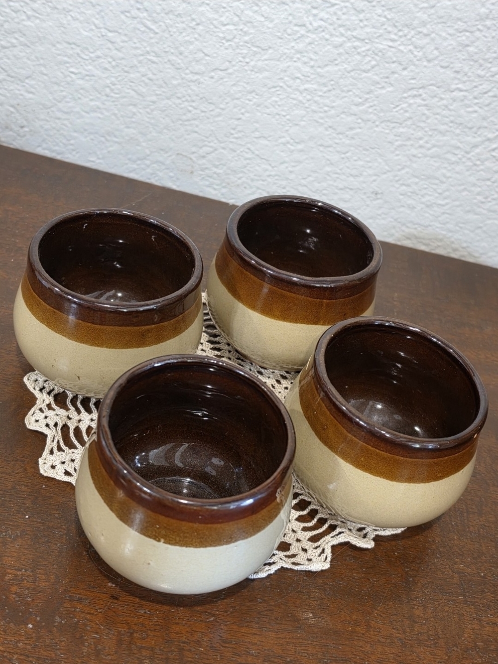 Set of 4 Two-Tone Brown and Cream Ceramic Bowls